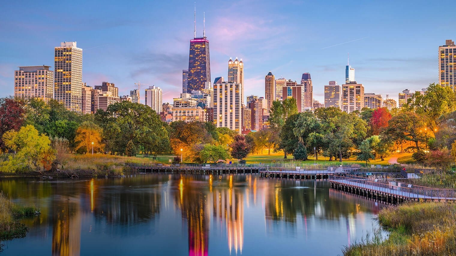Chicago skyline over Lincoln Park behind the Law Offices of Douglas Rallo